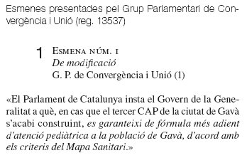 Esmena presentada per CiU al Parlament de Catalunya a la proposta de resoluci presentada per ERC per mantenir el servei de pediatria a Gav Mar (2 de Juny de 2011)